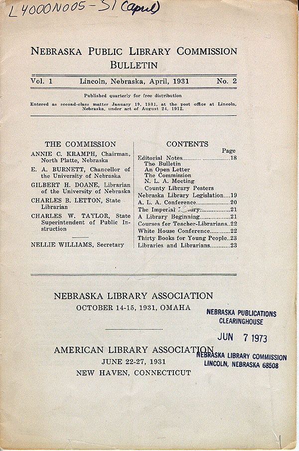 Nebraska Public Library Commission Bulletin, v.1, #2