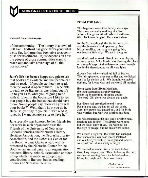 Jane Geske Scholarship, NCB Quarterly, Vol. 2, No. 2, p. 3-4